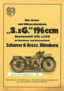 S.&G. Motorrad Prospektblatt  2 Seiten 1928   sg-p29