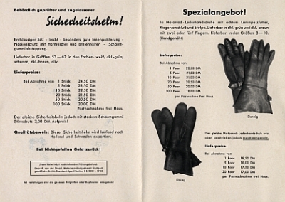 Preview: Blume Bekleidungs Prospekt Helme Handschuhe 4 Seiten 1953  blume-op53