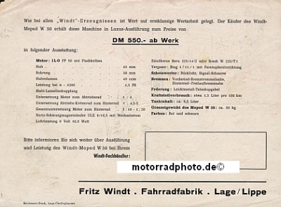 Preview: Windt Kleinmotorrad Prospektblatt  2 Seiten 1952   windt-p52