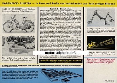 Preview: Rabeneick Kleinmotorrad Prospektblatt  Binetta 2 Seiten 1951  rab-p51
