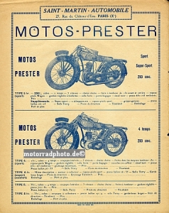 Prester Motorrad Prospektblatt  2 Seiten 1927 pres-p27