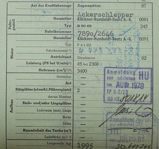 Preview: Deutz Schlepper D 50 05  KFZ-Schein  1966   deu-ks66