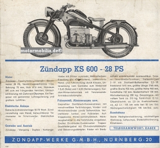 Preview: Zuendapp Motorrad Prospektblatt Type KS 600  1938