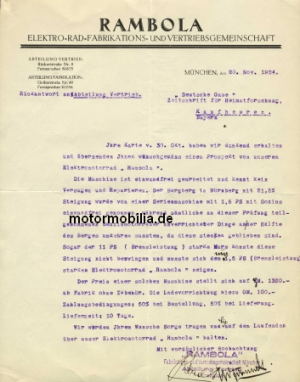 Rambola Elektro Motorrad Prospekt 4 Seiten  1924  ram-p24