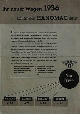 Hanomag Automobile  Brochure single sheet Modelle 1936 Hano-op361