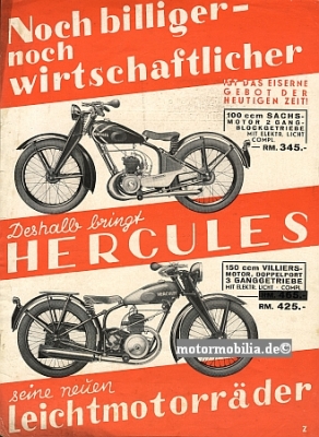 Hercules Leightweight Motorcycle 100/150ccm single sheet 1933