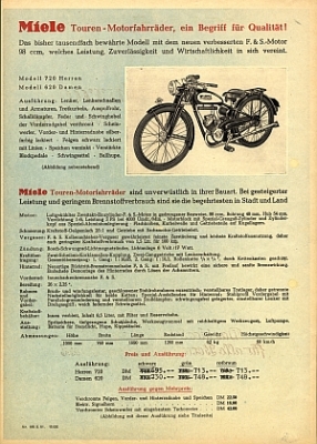 Miele Motorfahrrad Prospektblatt 2 Seiten 1950  miel-p50